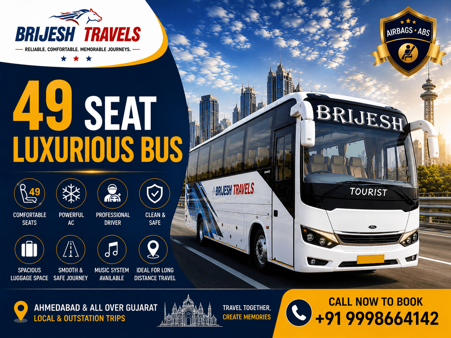 49 Seater Luxury Bus Hire in Ahmedabad by Brijesh Travel for large group travel, corporate events, weddings, tours, and outstation journeys.