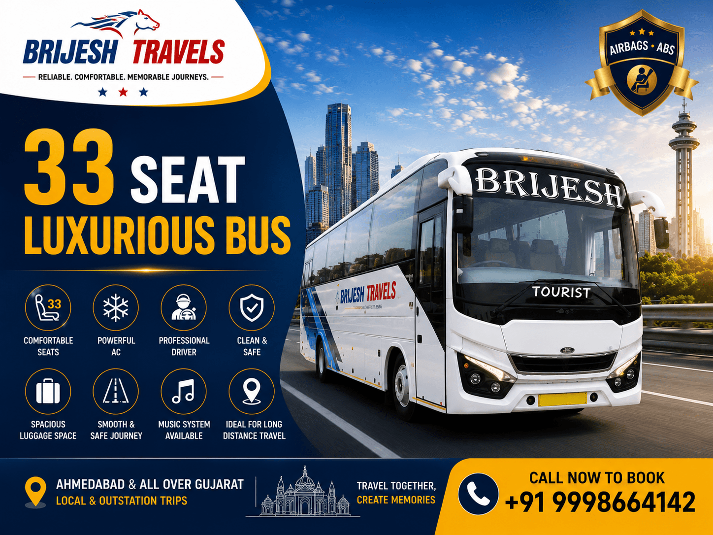 33 Seater Luxury Bus Hire in Ahmedabad by Brijesh Travel for corporate events, weddings, family tours, school trips, and outstation travel.