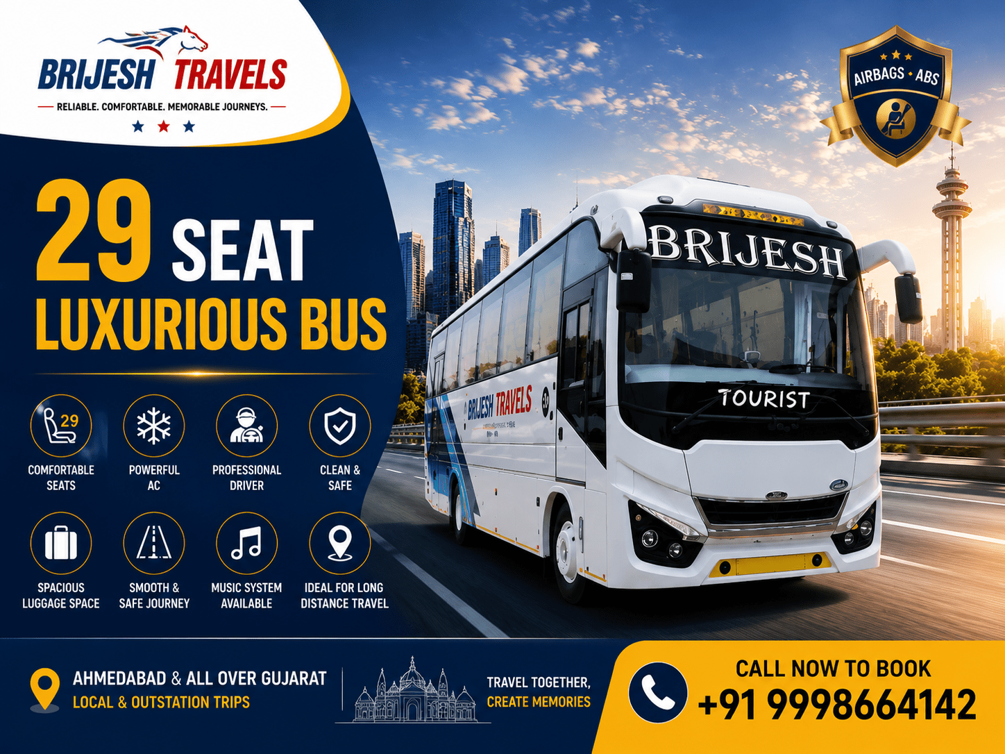 29 Seater Luxury Bus Hire in Ahmedabad by Brijesh Travel for corporate travel, family tours, weddings, airport transfers, and outstation trips.