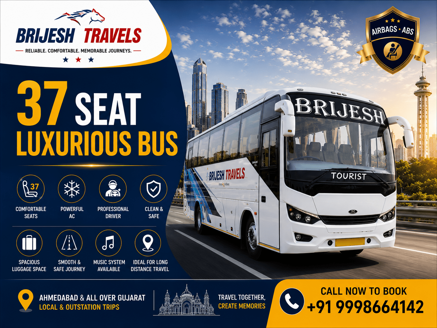 37 Seater Luxury Bus Hire in Ahmedabad by Brijesh Travel for corporate travel, weddings, family tours, school trips, and outstation journeys.