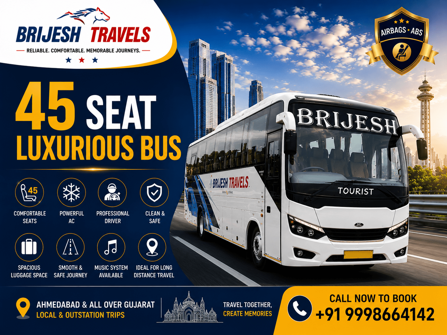 45 Seater Luxury Bus Hire in Ahmedabad by Brijesh Travel for large group tours, corporate events, weddings, school trips, and outstation travel.