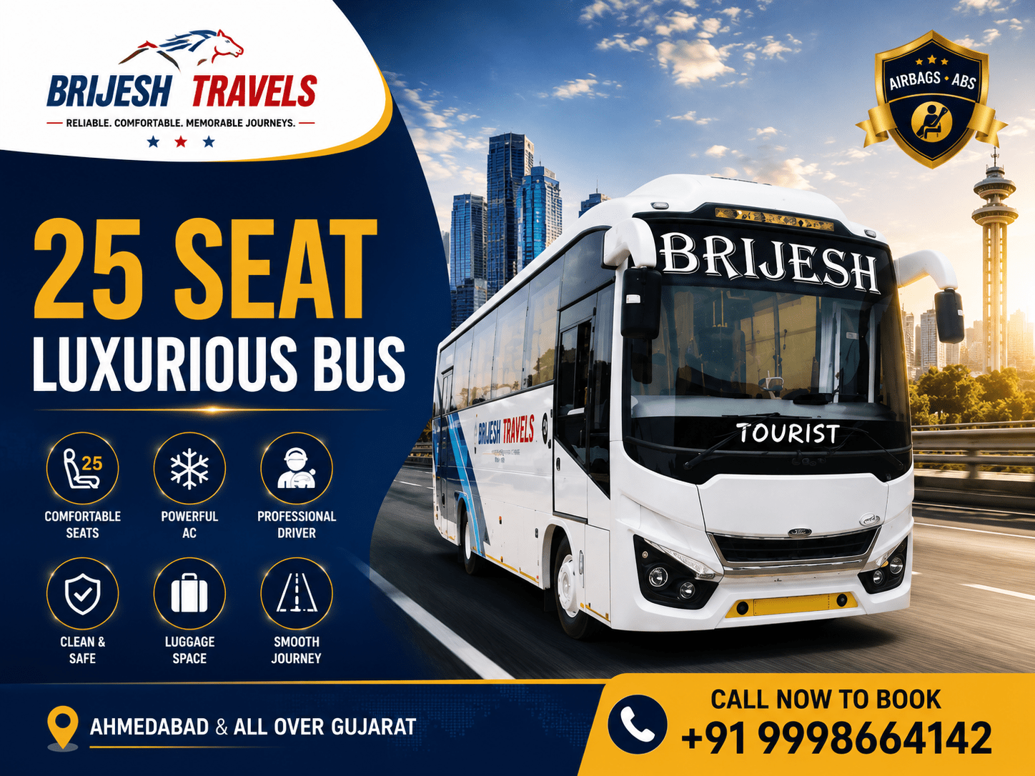 25 Seater Luxury Bus Hire in Ahmedabad by Brijesh Travel for corporate tours, weddings, family trips, airport transfers, and outstation travel.