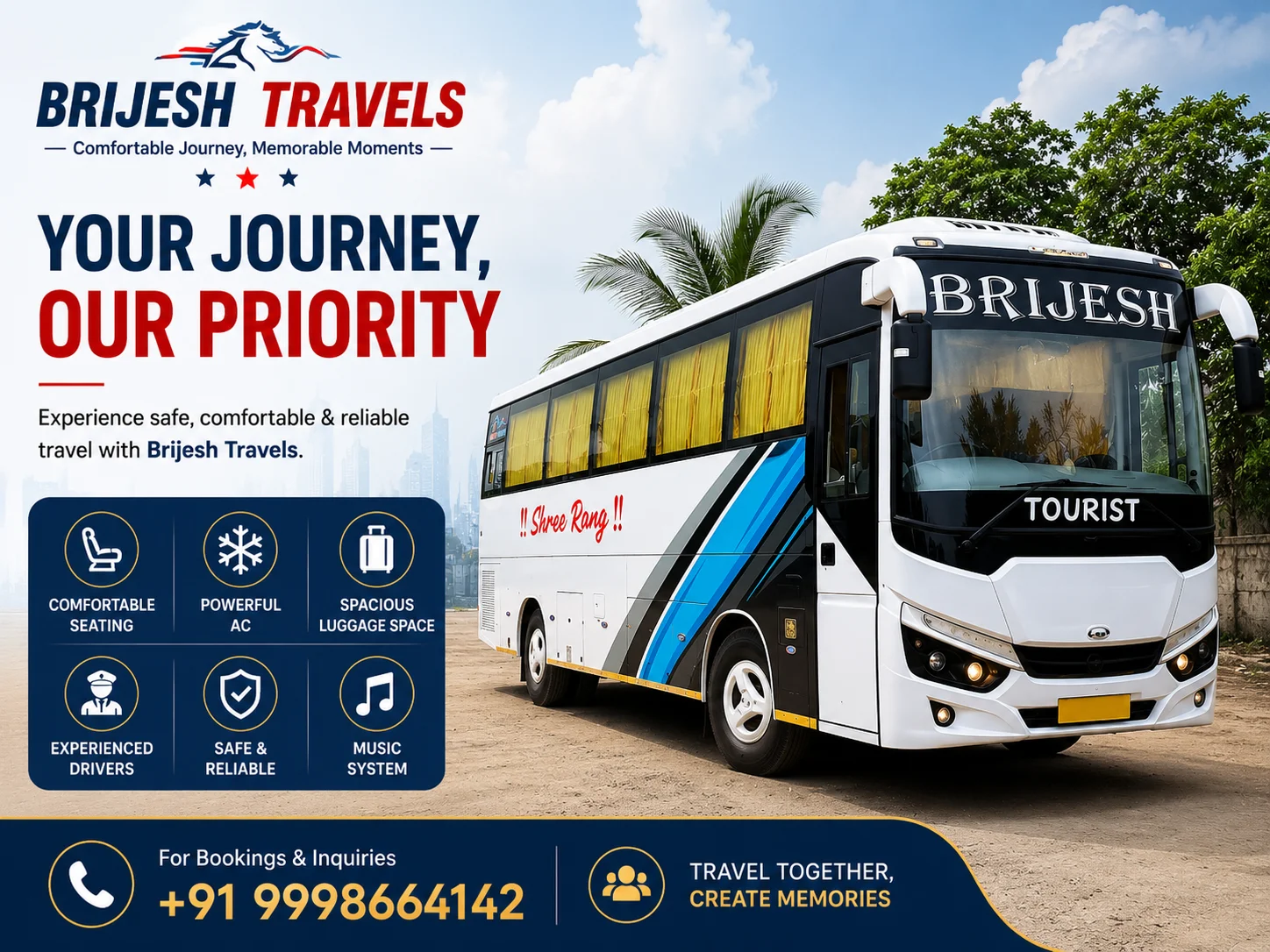 Hire bus in Ahmedabad with Brijesh Travel for corporate events, school trips, weddings, family tours, and outstation group travel.