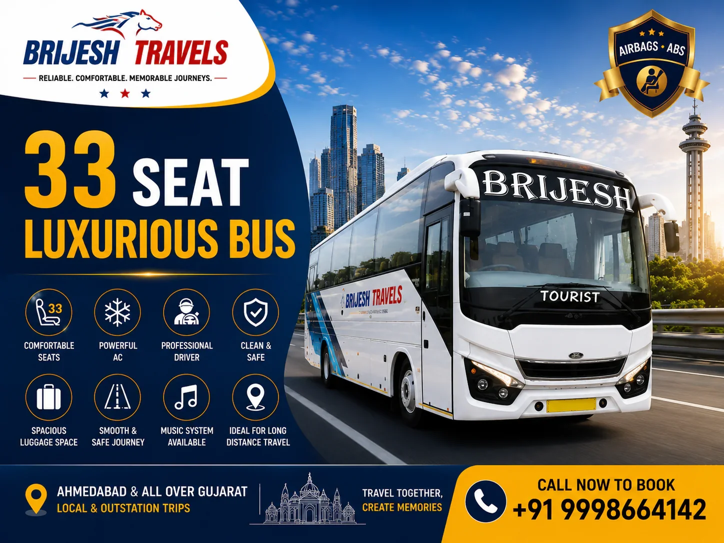 33 seater luxury AC tourist bus rental in Ahmedabad by Brijesh Travels for large group journeys