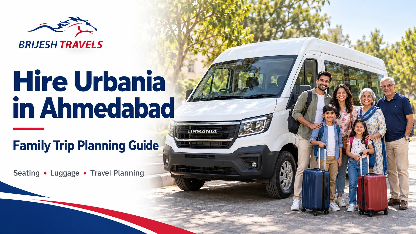Family with luggage beside a white Urbania van, with Brijesh Travels branding and the headline “Hire Urbania in Ahmedabad.”